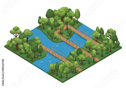 Isometric 3D view illustration of an Amazon rainforest-inspired landscape with dense trees, winding river, wooden walkways, and tropical scenery