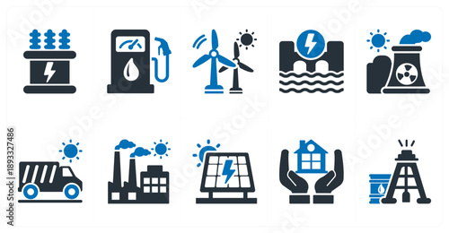 A set of 10 mix icons as power station, oil and gas, wind power