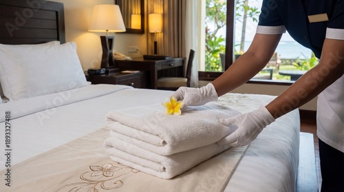 Service with a Flourish: In a luxurious hotel room, a maid, adorned in gloves, delicately arranges fresh, folded towels adorned with a solitary flower.