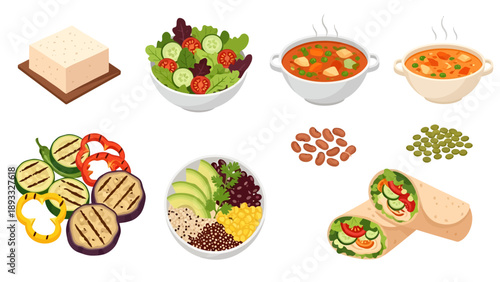 Vegan Food Collection with Organic Tofu, Fresh Garden Salad, Vegetable Soup, Grilled Zucchini, Quinoa Grain Bowl, Burrito Wraps and Legumes on White Background.