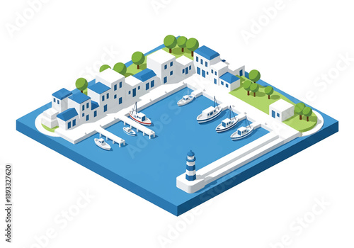 Isometric 3D view illustration of a Greek island-inspired harbor landscape with docks, boats, hillside houses, and calm coastal environment