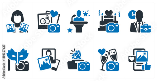 A set of 10 mix icons as portraiture, wedding photography, candid shooting