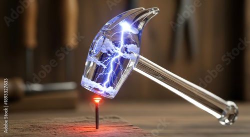 Abstract Glass Hammer with Blue Electricity Striking a Glowing Nail