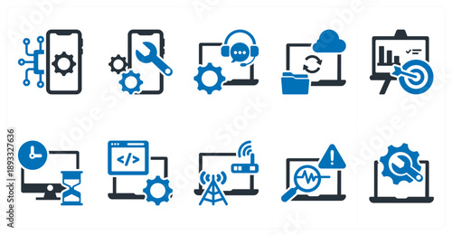 A set of 10 mix icons as operating system installation, mobile device repair