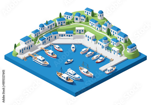 Isometric 3D view illustration of a Greek island-inspired harbor landscape with docks, boats, hillside houses, and calm coastal environment