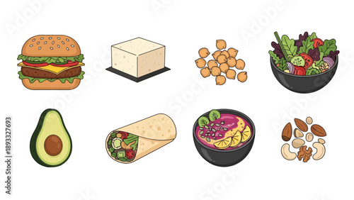 Healthy Vegan Food Illustration Set Featuring Veggie Burger Tofu Chickpeas Salad Avocado Burrito Smoothie Bowl and Mixed Nuts Icons on White Background Design