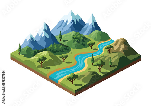Isometric 3D view illustration of a Patagonia-inspired wilderness landscape with dramatic mountains, rivers, open plains, and remote natural scenery