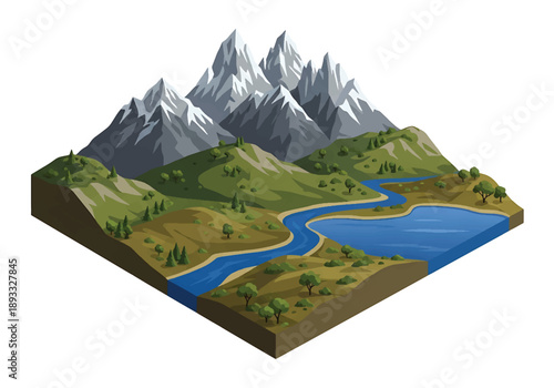 Isometric 3D view illustration of a Patagonia-inspired wilderness landscape with dramatic mountains, rivers, open plains, and remote natural scenery