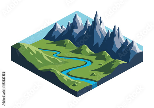 Isometric 3D view illustration of a Patagonia-inspired wilderness landscape with dramatic mountains, rivers, open plains, and remote natural scenery