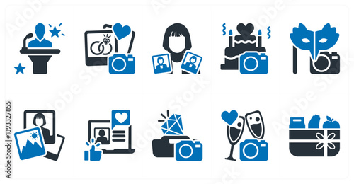 A set of 10 mix icons as candid shooting, wedding photography