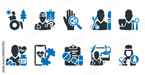 A set of 10 mix icons as disability, ophthalimologist, dermatologist