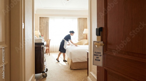 Hotel Room Service in Action: A diligent hotel service worker is meticulously making a bed, a sign on door for guest not to be disturbed.