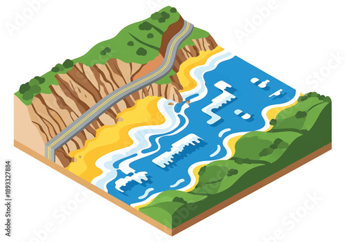 Isometric 3D view illustration of a California-inspired coastal landscape with cliffs, beaches, winding ocean roads, and green hillside scenery