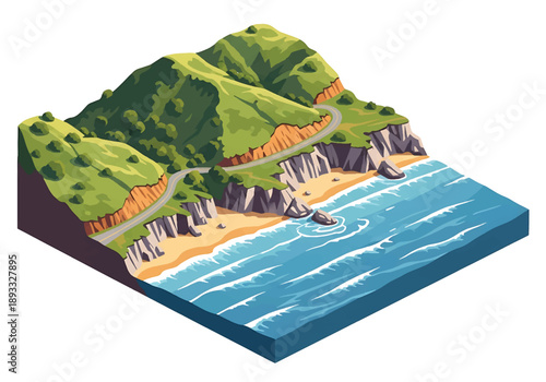 Isometric 3D view illustration of a California-inspired coastal landscape with cliffs, beaches, winding ocean roads, and green hillside scenery