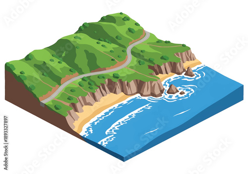 Isometric 3D view illustration of a California-inspired coastal landscape with cliffs, beaches, winding ocean roads, and green hillside scenery