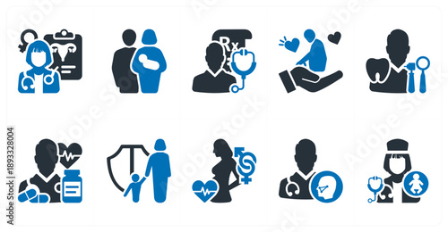 A set of 10 mix icons as gynecologist, family, prescription