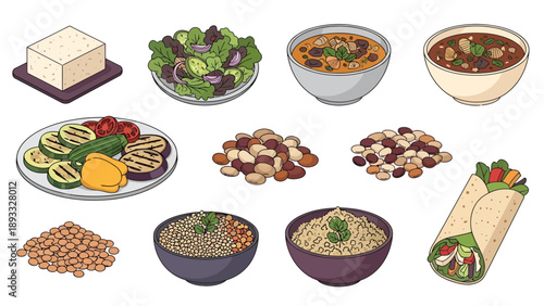Healthy Vegan Food Illustration Set featuring Tofu, Salad, Grilled Vegetables, Lentils, Beans, Quinoa, Soup, and Fresh Veggie Wrap on a Plain White Background.