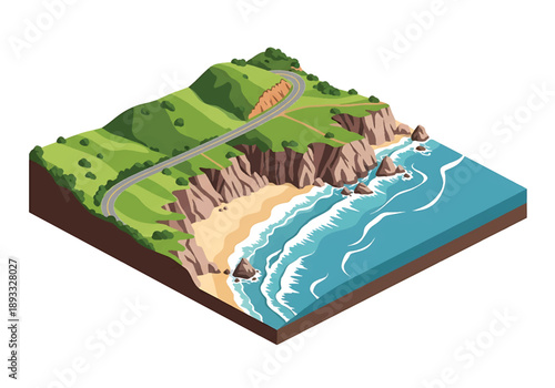 Isometric 3D view illustration of a California-inspired coastal landscape with cliffs, beaches, winding ocean roads, and green hillside scenery