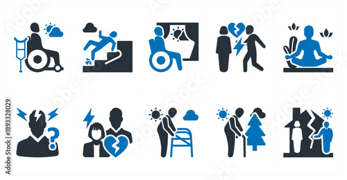 A set of 10 mix icons as rehabilitation, seniorfall prevention