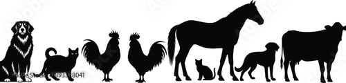 Collection of black silhouettes representing domestic and farm animals including dogs, cats, roosters, a horse, and a cow for veterinary and agricultural design, vector.