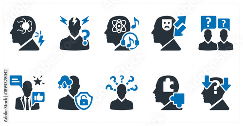 A set of 10 mix icons as phobia, panic attacks, relaxation music