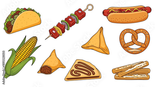 Colorful Hand-Drawn Street Food Illustration Set Featuring a Taco, Hot Dog, Kebab, Corn, Samosa, Crepe, Pretzel and Churros Isolated on a White Background.