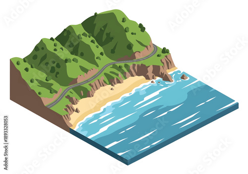 Isometric 3D view illustration of a California-inspired coastal landscape with cliffs, beaches, winding ocean roads, and green hillside scenery