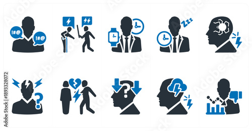 A set of 10 mix icons as psychological abuse, quarrels