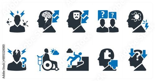 A set of 10 mix icons as headache, brain charging, depression