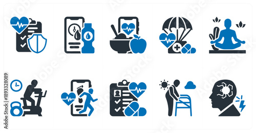 A set of 10 mix icons as insurance, hydration app, healthy eating
