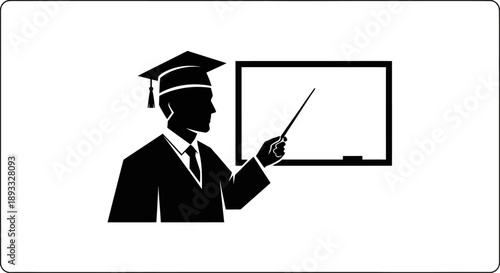 Professor in graduation cap pointing at whiteboard with stick.