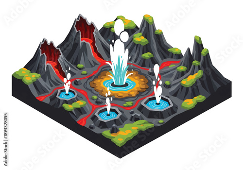 Isometric 3D view illustration of an Iceland-inspired volcanic landscape with lava fields, mountains, hot springs, and rugged terrain scenery