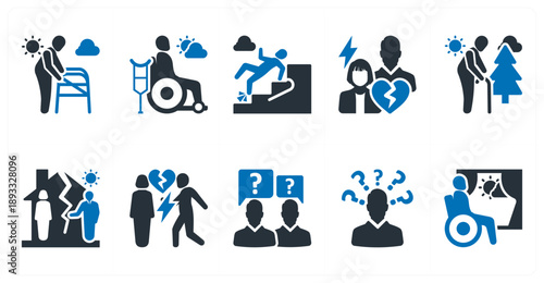A set of 10 mix icons as disabled senior, rehabilitation, seniorfall prevention