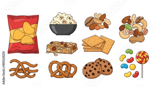 Comprehensive collection of various snack food illustrations including potato chips bag popcorn bowl nuts trail mix granola bar crackers pretzels cookies candy vector.
