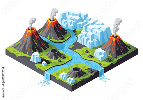 Isometric 3D view illustration of an Iceland-inspired volcanic landscape with lava fields, mountains, hot springs, and rugged terrain scenery