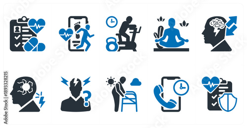 A set of 10 mix icons as patient chat, step counter app