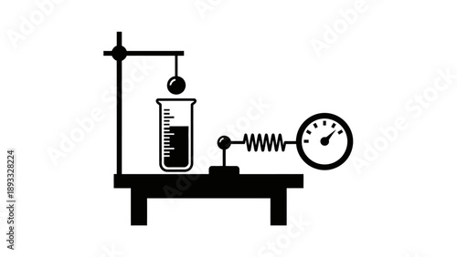 Physics experiment setup with beaker and spring scale.