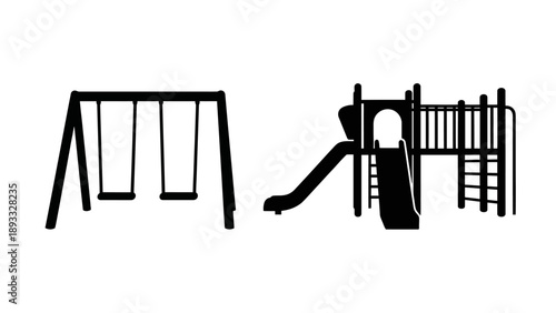 Playground equipment silhouette with swings and slide.