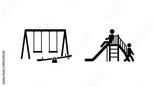 Playground equipment icons with swings and slide.
