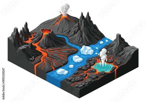 Isometric 3D view illustration of an Iceland-inspired volcanic landscape with lava fields, mountains, hot springs, and rugged terrain scenery