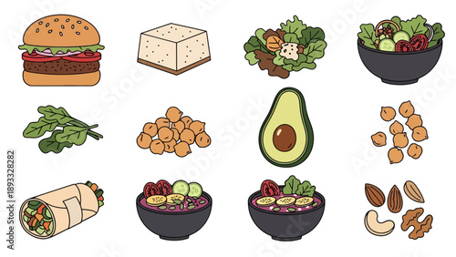 Healthy Vegan and Vegetarian Food Illustration Set Featuring Plant-Based Burger, Tofu, Fresh Salad Bowls, Avocado, Chickpeas, Wraps, and Mixed Nuts Icons Pack.