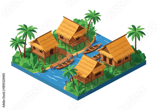 Isometric 3D view illustration of a Southeast Asian riverside village landscape with stilt houses, boats, waterways, and lush tropical surroundings