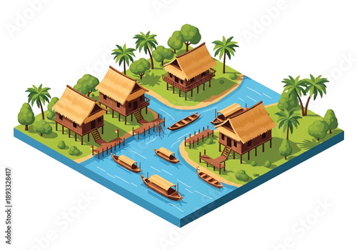 Isometric 3D view illustration of a Southeast Asian riverside village landscape with stilt houses, boats, waterways, and lush tropical surroundings