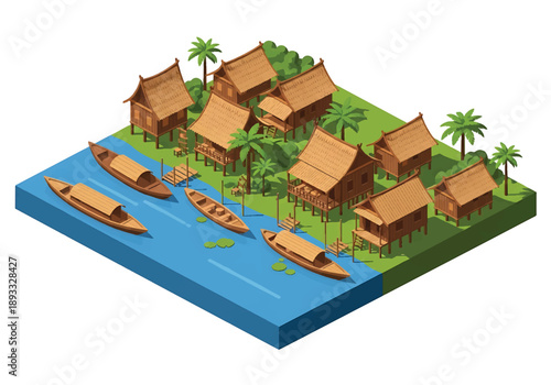 Isometric 3D view illustration of a Southeast Asian riverside village landscape with stilt houses, boats, waterways, and lush tropical surroundings