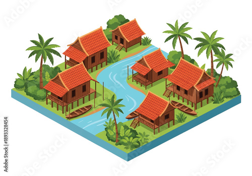 Isometric 3D view illustration of a Southeast Asian riverside village landscape with stilt houses, boats, waterways, and lush tropical surroundings
