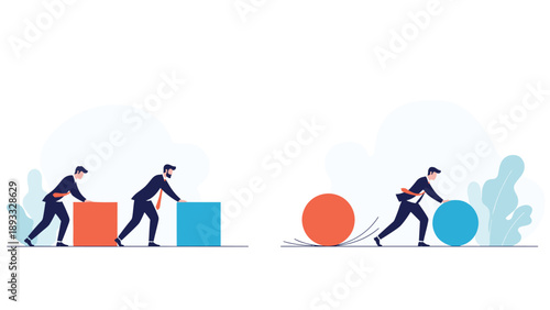 Businessmen struggling to push large square boxes compared to a man effortlessly rolling a round sphere for efficiency.