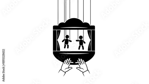 Puppet Show Stage with Two Figures and Hands Controlling Strings.