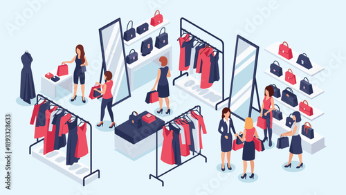 Isometric view of women browsing clothes and handbags in a modern boutique with various fashion accessories on display.