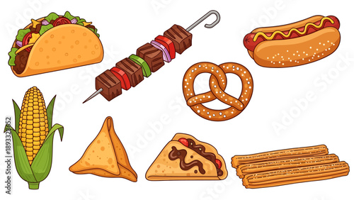 Vibrant vector collection of international street food icons featuring a taco, hot dog, pretzel, churros, corn on the cob, samosa, and kebab on white background.