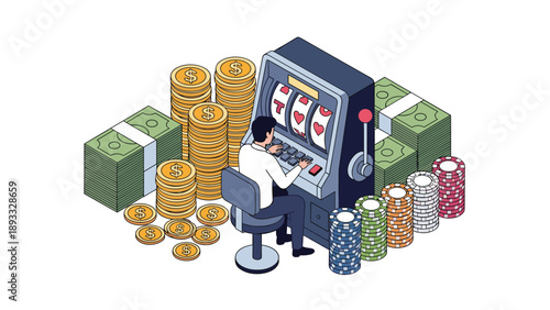 Gambler playing at a slot machine surrounded by stacks of casino chips, gold coins, and large piles of cash banknotes.